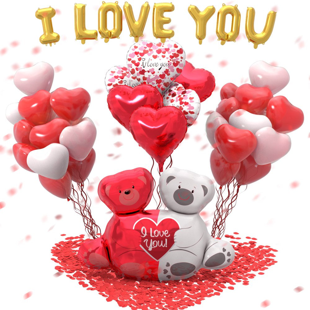 Valentines Day Balloons Kit - Heart Balloons Foil I Love You Balloons 500Pcs Rose Petals for Valentines Day Decorations