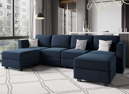 Modular Sectional Sofa U Shaped Velvet Couch with Reversible Chaise Modular Oversized Couch Sectional Sofa with Ottoman Blue