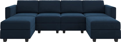 Modular Sectional Sofa U Shaped Velvet Couch with Reversible Chaise Modular Oversized Couch Sectional Sofa with Ottoman Blue