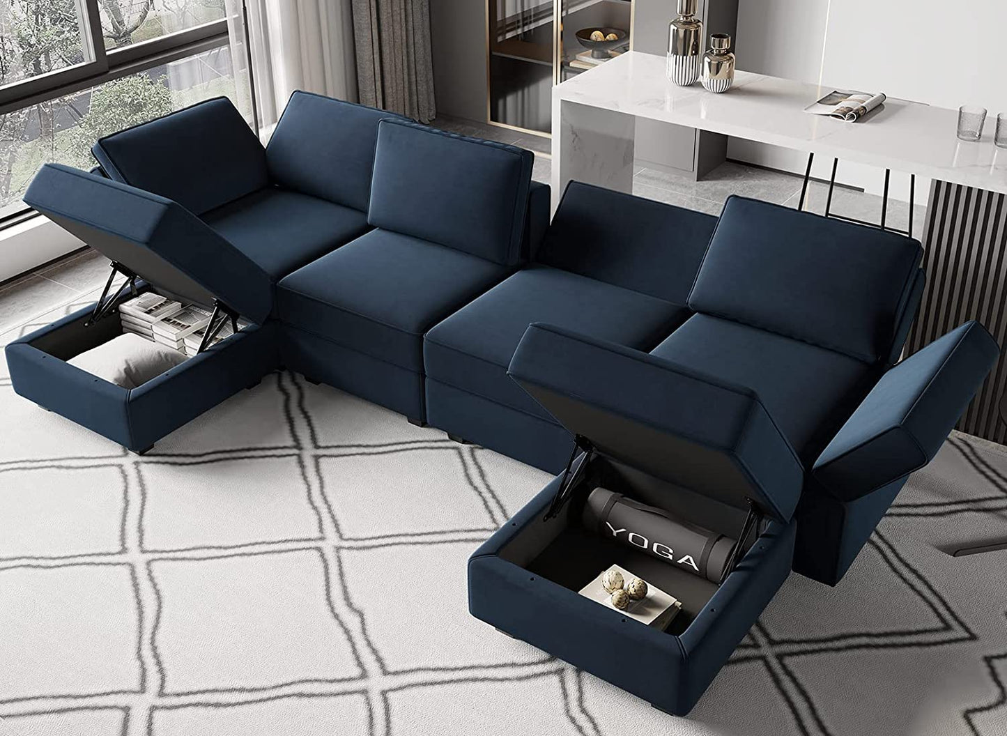 Modular Sectional Sofa U Shaped Velvet Couch with Reversible Chaise Modular Oversized Couch Sectional Sofa with Ottoman Blue