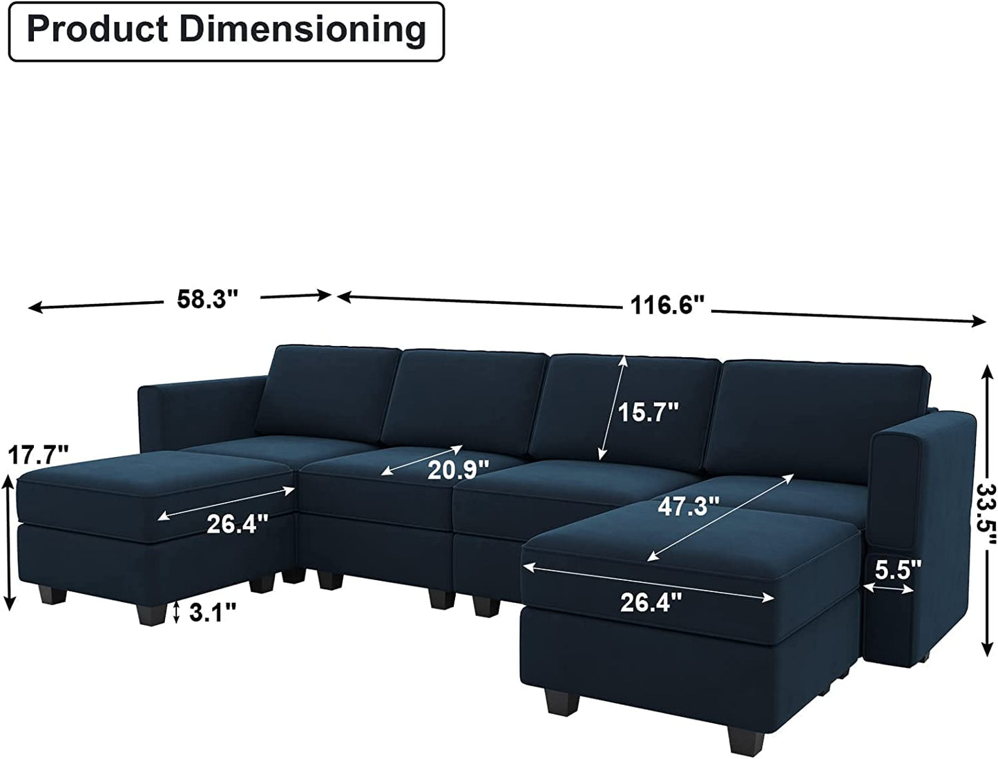 Modular Sectional Sofa U Shaped Velvet Couch with Reversible Chaise Modular Oversized Couch Sectional Sofa with Ottoman Blue