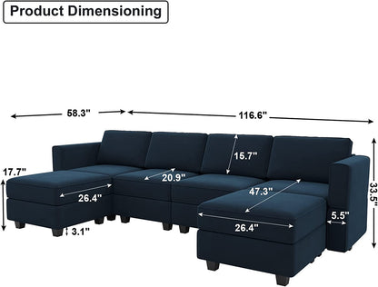 Modular Sectional Sofa U Shaped Velvet Couch with Reversible Chaise Modular Oversized Couch Sectional Sofa with Ottoman Blue