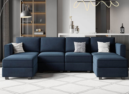 Modular Sectional Sofa U Shaped Velvet Couch with Reversible Chaise Modular Oversized Couch Sectional Sofa with Ottoman Blue